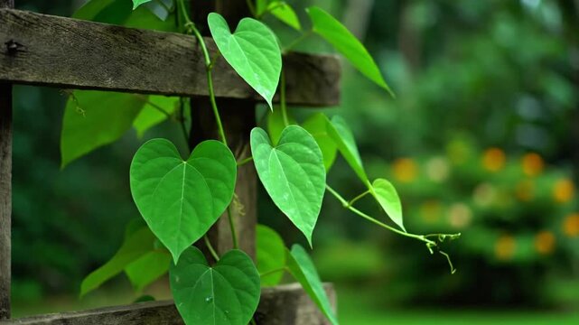 Heart Shaped Green Giloy Leaves on a Rustic Wooden Trellis