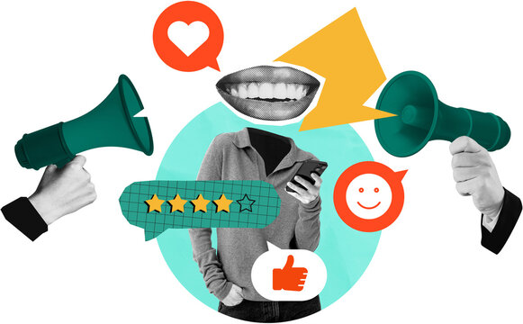 A man with phone shown in collage style on white background with rating stars, megaphones and chat icons illustrating communication and feedback concept