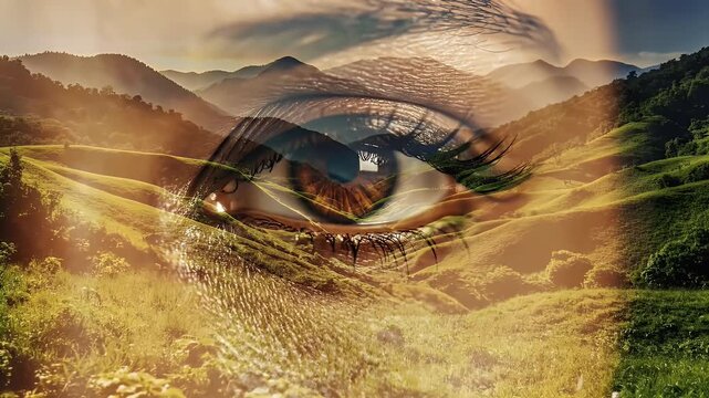 A detailed human eye superimposed over rolling green hills and mountains