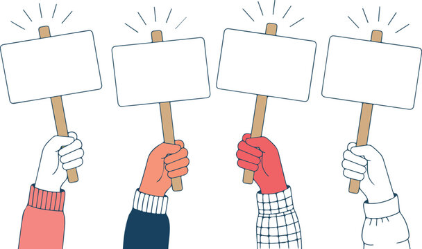 "Cartoon People with Protest Banners Representing Freedom, Activism, and Social Change in Vector Illustration"