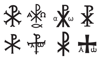 Fototapeta premium Christian symbols icons set. Glossy Chi Rho, Christogram, Chrismon, Labarum symbols set.