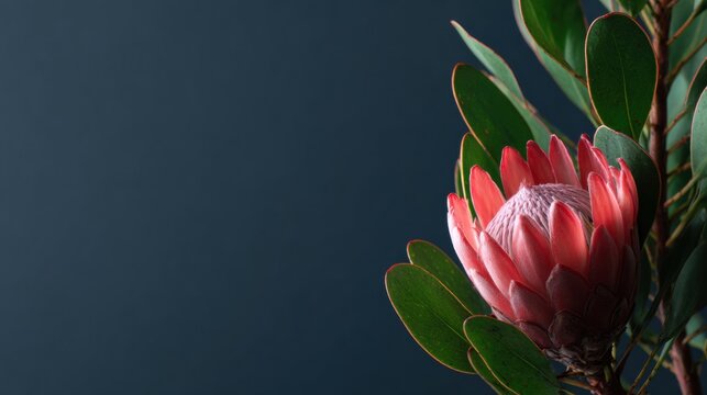 Focus on a single protea flower with green leaves set against a dark gradient background. Space is available for text or branding.