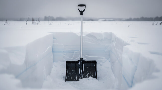 A snow shovel stands upright in a deep, rectangular trench carved out of thick snow on a foggy winter day in an open, snowy landscape