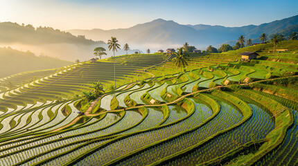 Fototapeta premium Terraced rice fields cascade down a lush hillside with scattered palm trees and huts, bathed in warm sunlight against a backdrop of misty mountains and clear skies