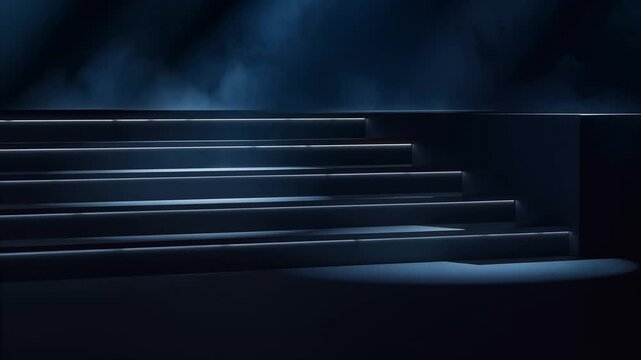 Dark staircase with foggy atmosphere and dramatic lighting.
