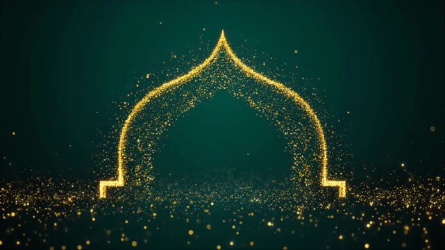 Golden glittery mosque archway on dark green background