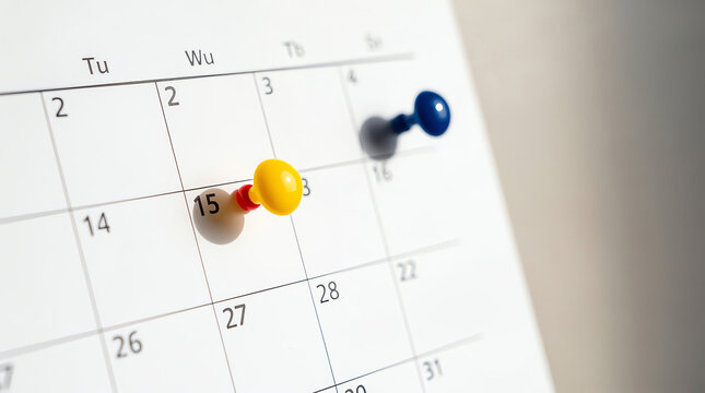 Calendar page with two push pins marking specific dates, one yellow on the 15th and one blue on the 5th, symbolizing important appointments or reminders