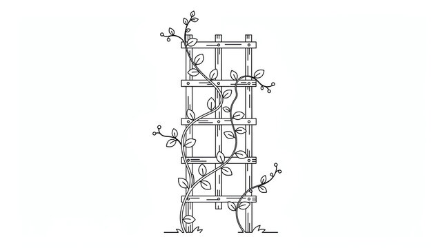 Black and white line drawing of a wooden trellis with climbing vines and leaves growing upward on a plain white background
