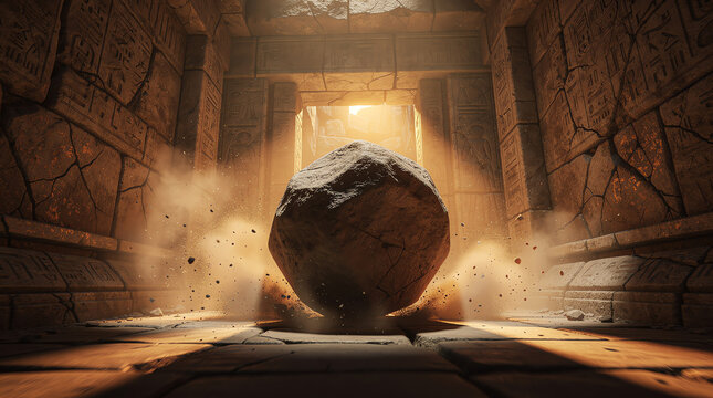 A large boulder crashes through an ancient stone corridor illuminated by sunlight, stirring dust and debris as it rolls toward the viewer in a dramatic, action-filled scene