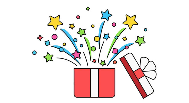 Vector illustration of colorful gift box with confetti and stars