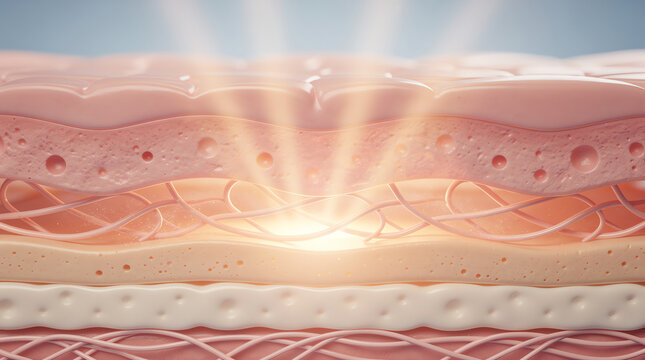 Cross-section of human skin layers showing epidermis, dermis, and subcutaneous tissue with collagen fibers and light rays symbolizing skin health or rejuvenation