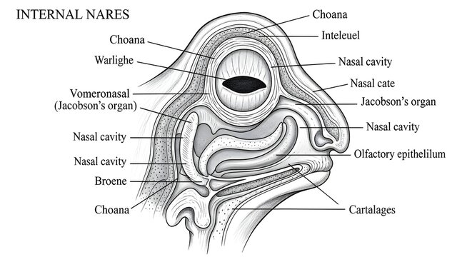 High detailed anatomical internal nares illustration, sagittal frog head section showing choanae, nasal cavities, Jacobson&rsquo;s organ, olfactory epithelium, cartilages and oral cavity communication for s