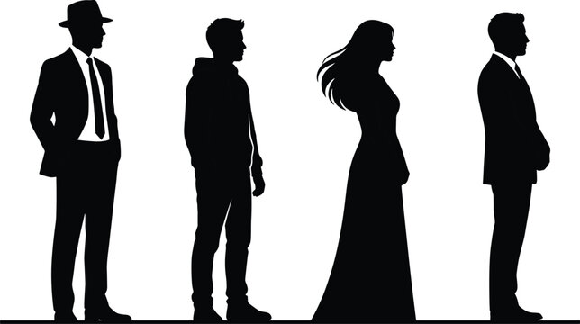 people standing side view silhouettes man woman profiles different outfits casual and formal isolated vector illustration set