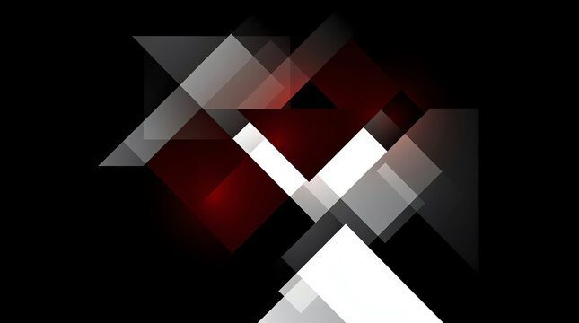 Abstract geometric composition with overlapping translucent triangles and rectangles in black, white, and red hues, creating a modern, dynamic digital art effect