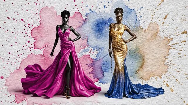 Elegant fashion illustration two women luxurious gowns artistic watercolor background dynamic poses glamour style beauty design