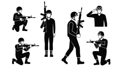 Obraz premium Set of black silhouettes of soldiers in various combat poses
