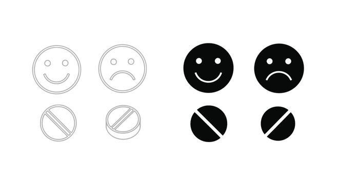 Vector graphic icons illustrating contrasting emotional states alongside medication dosage symbols for health feedback
