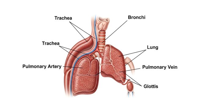 High detailed anatomical illustration of frog respiratory system, lateral view showing glottis, trachea, bronchi, lungs, pulmonary artery and pulmonary vein for understanding gas exchange pathway, ci