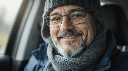 Fototapeta premium Smiling middle-aged man with glasses wearing a knitted hat and scarf, sitting inside a car on a cold day, displaying warmth and contentment