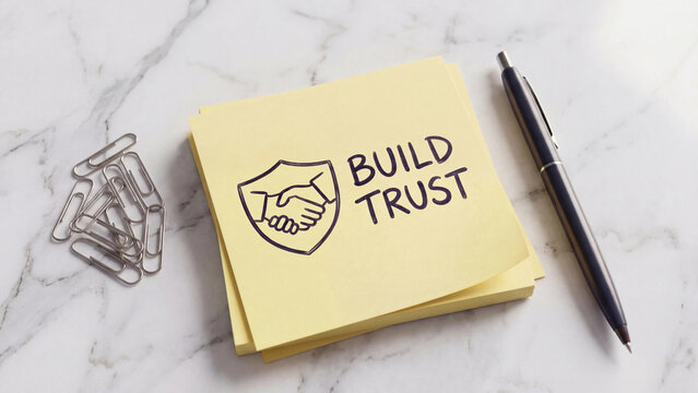 Build trust business relationship concept sticky note with handshake shield icon for partnership credibility ethical leadership customer loyalty and organizational integrity development