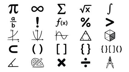 Obraz premium Collection of mathematical symbols and icons representing various concepts and operations in mathematics and geometry, suitable for educational and design purposes.