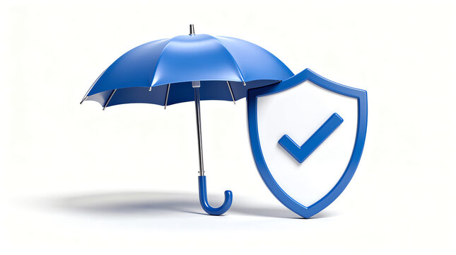 Blue umbrella and shield with checkmark symbolizing protection, safety, and security on a white background
