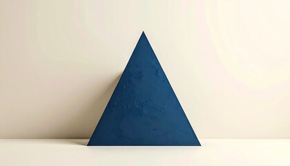 Fototapeta premium Blue geometric triangle leans on white wall, with soft lighting and minimalist backdrop, for design use