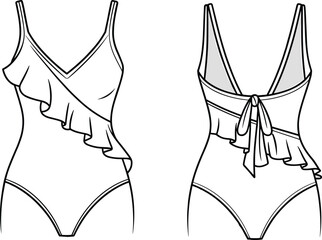 Front and back flat sketch of a white ruffled one-piece swimsuit with spaghetti straps and a tie back © Creative area