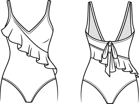 Front and back flat sketch of a white ruffled one-piece swimsuit with spaghetti straps and a tie back
