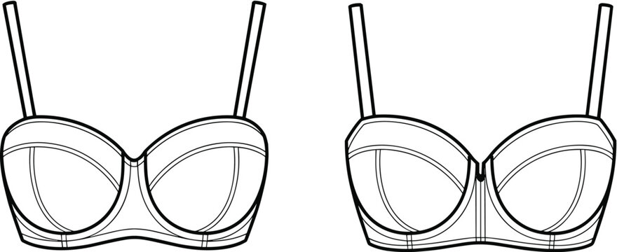 Front and back flat sketch of a white underwire bra with adjustable straps and a front closure lingerie