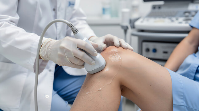 A medical professional performs a knee ultrasound on a patient in a clinical setting, using a probe with gel for imaging and diagnostic purposes