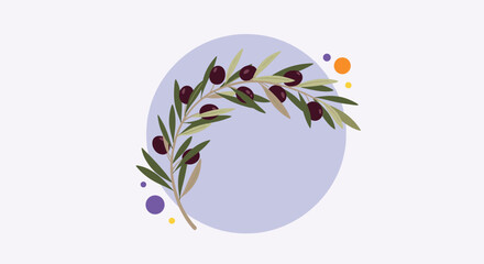 Beautiful olive branch illustration with dark ripe olives and green leaves set against a soft blue circular background.