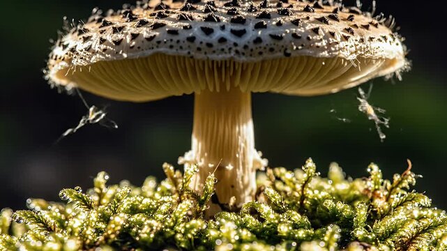 Spotted mushroom cap with gills, resting on mossy ground