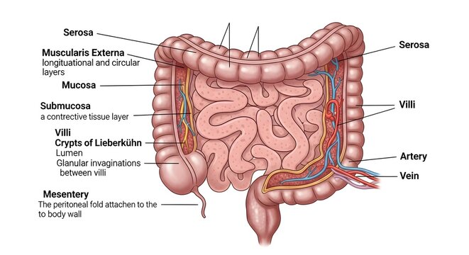 High detailed anatomical illustration of small and large frog intestine segment, showing mucosa, submucosa, muscularis, serosa, villi, crypts, mesentery and blood vessels for comprehensive digestive h