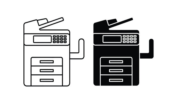 Black and white illustration of two office photocopiers with distinct designs