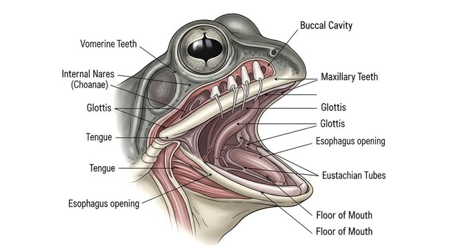 Colored anatomical illustration of frog open mouth in oblique view, showing buccal cavity, vomerine and maxillary teeth, tongue, glottis, Eustachian tubes and esophagus openings for detailed amphibian