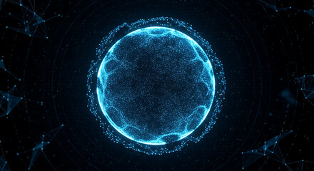 Abstract digital art background featuring a blue glowing celestial planet sphere constructed from intricate luminous dots and connecting lines against a deep dark black space backdrop design.