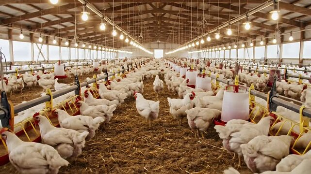 Rows of white poultry fill a barn lit by overhead bulbs