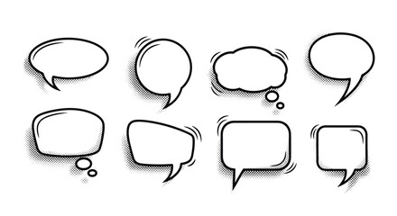 Collection of eight diverse hand drawn speech bubbles and thought balloons in classic black and white comic book style with halftone shading.