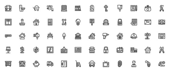 Real Assets icon set. Vector illustration pack featuring real estate, property, houses, tools, symbols for work, finance, home and more. Editable stroke.