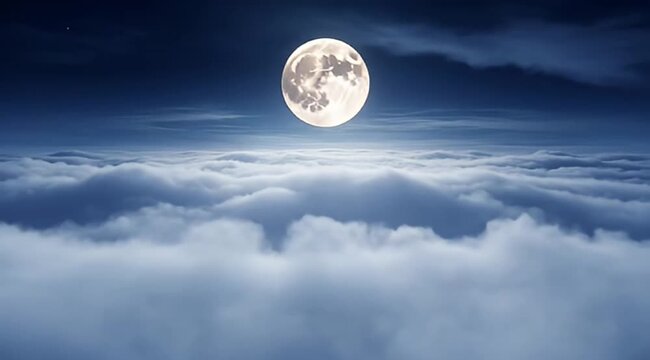 Spectacular ethereal full moon rising above a sea of billowing clouds at night