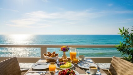 Breakfast table with ocean view featuring food and drinks on a sunny day
