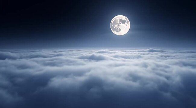 Ethereal moon hangs in the deep indigo sky over a sea of clouds