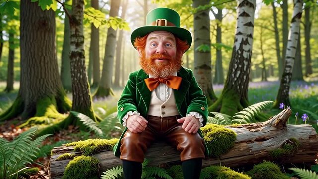 3D animation of an Irish leprechaun with a red-haired beard wearing a top hat, sitting on a log in the forest, gesturing with his hand and talking.