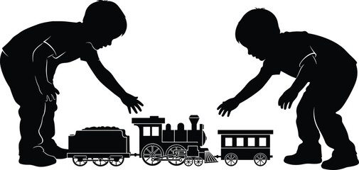 Children silhouette playing with toy train set, steam engine, coal car, passenger car, childhood imagination, family playtime, flavector © MSTMASUMA