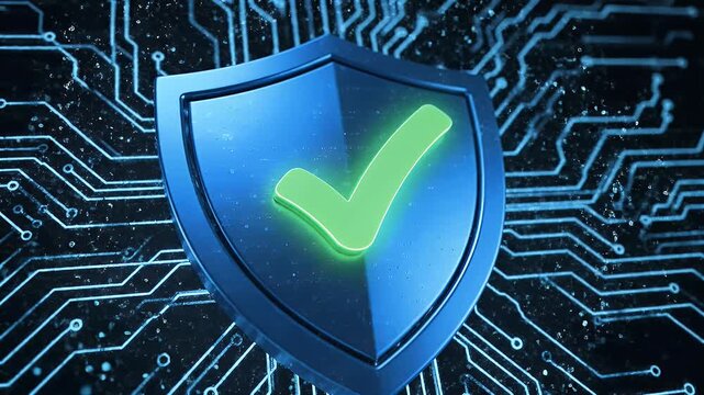 A blue shield with a green checkmark against a circuit board background