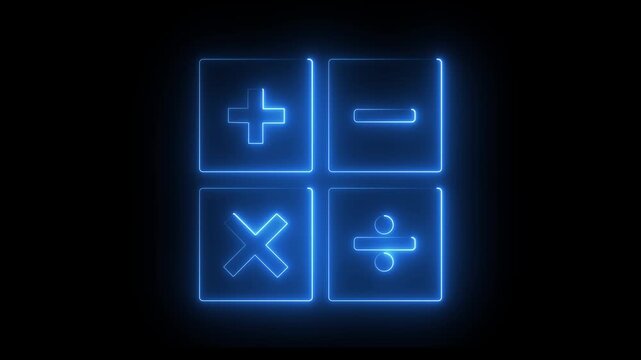 Neon glowing  blue color calculator math symbols on black background for digital display. 4k animation video..