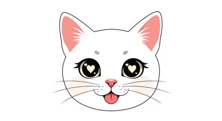 Cute white kitten head illustration with heart-shaped pupils and tongue out expressing love and happiness on white.