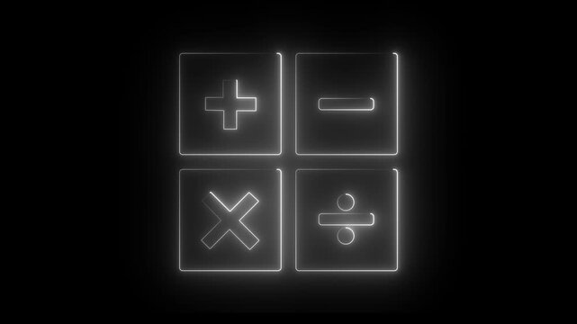 Neon glowing white color calculator math symbols on black background for digital display. 4k animation video..