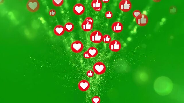 Green Screen social media love like icon engagement move in from bottom and fade with chroma background scene 2 distortion, overlay, glitch, static noise, scan lines on black background, 4k animated